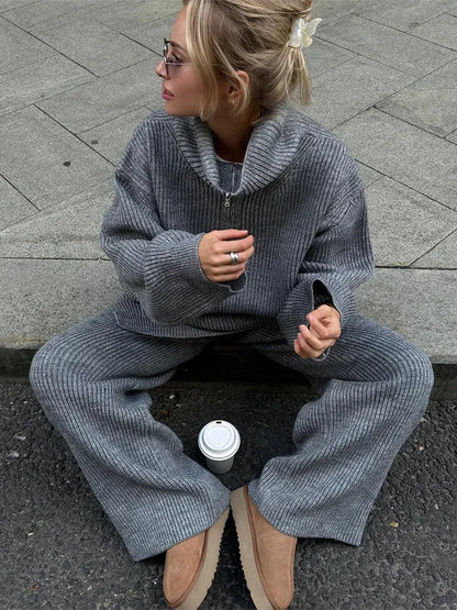 Solid Color Half Zip Sweater Matching Set