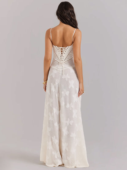 Boho Jacquard Sheer Maxi Dress for Women - Cream White Lace-up Back Slim Fit A-Line Flowy Cami Gown - Summer Beach Party 2026