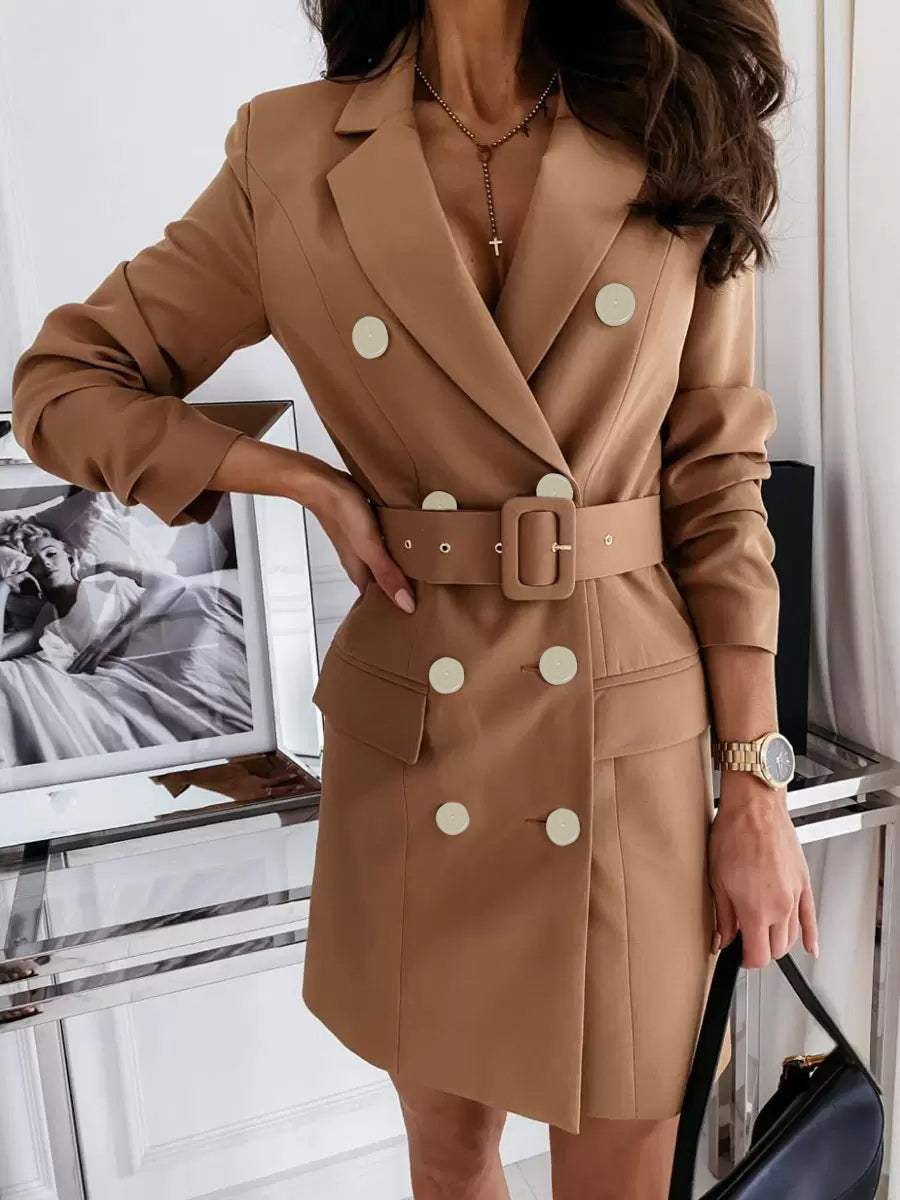 Blazer Dress White Double Breasted Solid Color Slim Fit Casual Belt Spring Fall Outerwear For Women