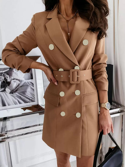 Blazer Dress White Double Breasted Solid Color Slim Fit Casual Belt Spring Fall Outerwear For Women