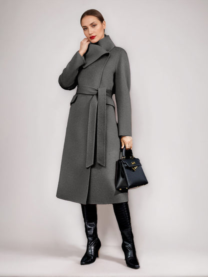 Wool Cashmere Blend Coat For Woman Winter Red Belted Double-Faced Wrap Outerwear 2026