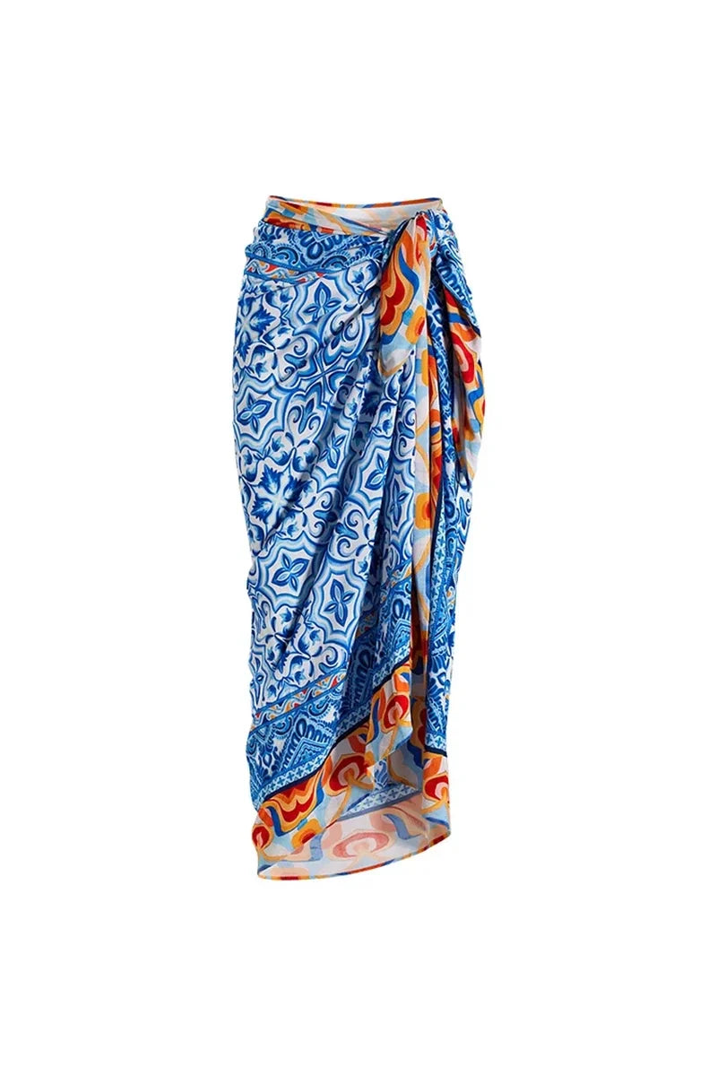 Blue Ethnic Print Swimsuit Set