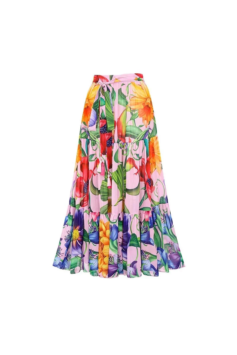 Deep V Lantern Sleeve Printed Swimsuit Set