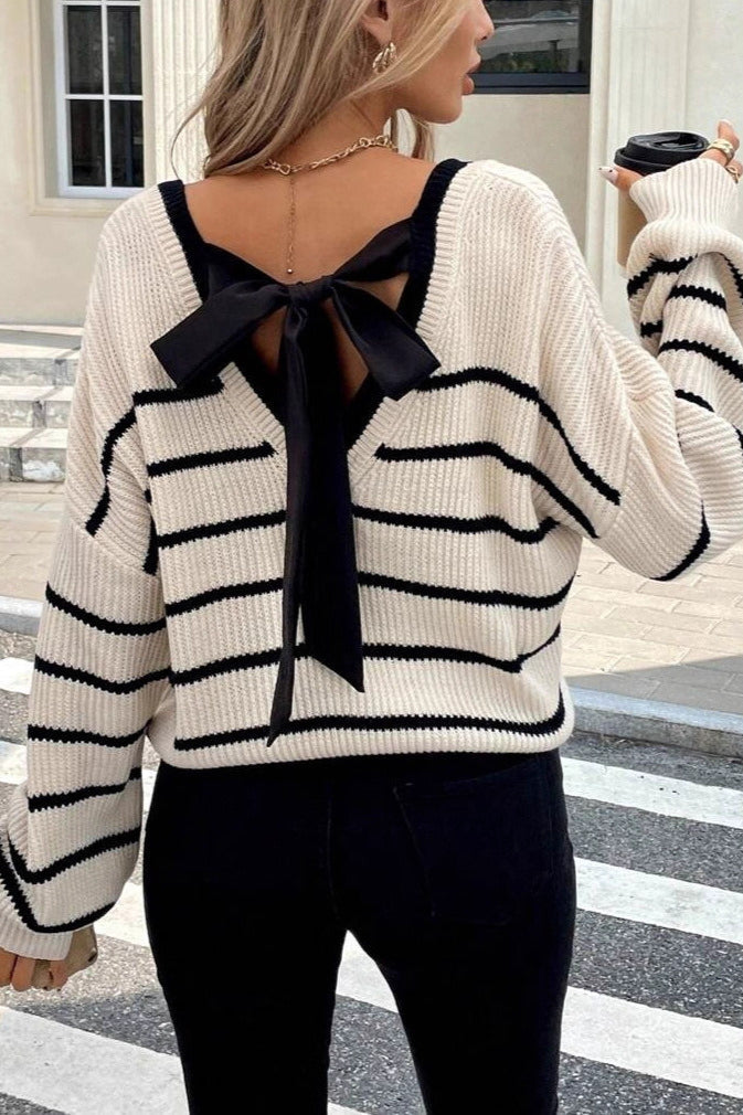 Chic Striped V Neck Back Bow Long Sleeve Knit Sweater