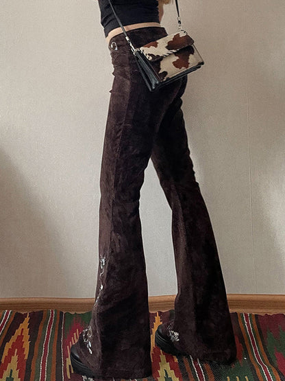 Brown Vintage Embroidered Flap Waist Design Flare Jeans