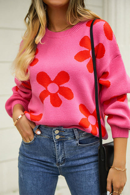 Floral Print Color Block Pullover Long Sleeve Sweater