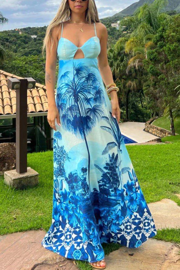 Vacation Blue Suspender Print Dress