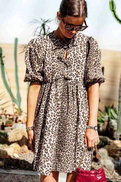 Print Bow Tie Keyhole Puff Sleeve Babydoll Shirt Mini Dress