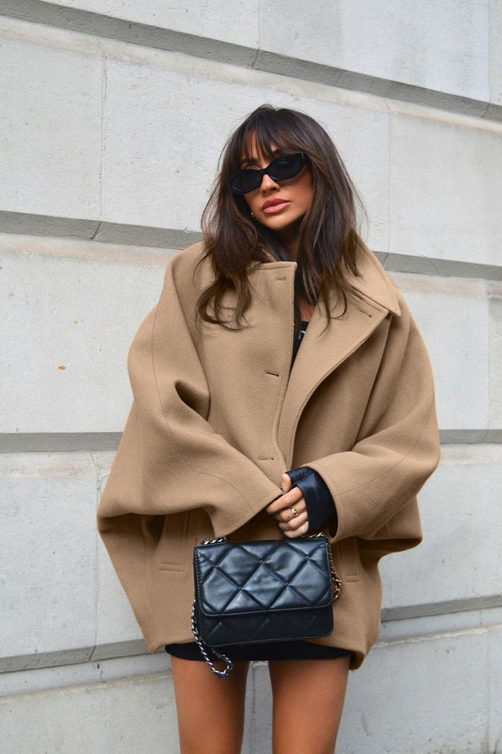 Batwing Sleeve Wool Blend Coat