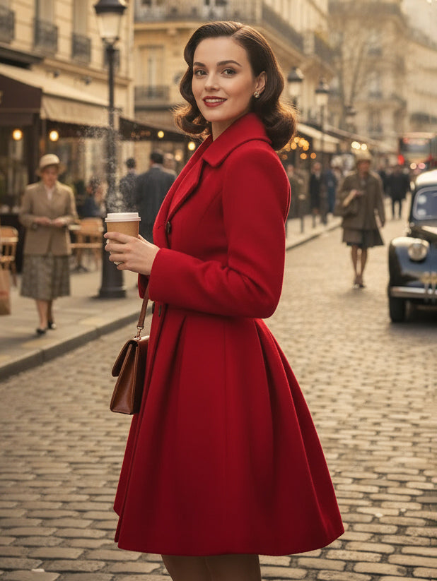 Retro Red 1950s Double-Breasted A-line Woolen Coat For Women 2026