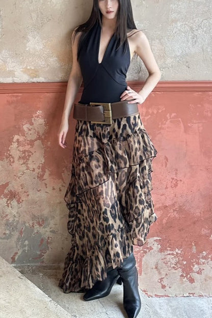 Y2K Leopard Print High-Waisted Loose Fit Skirt