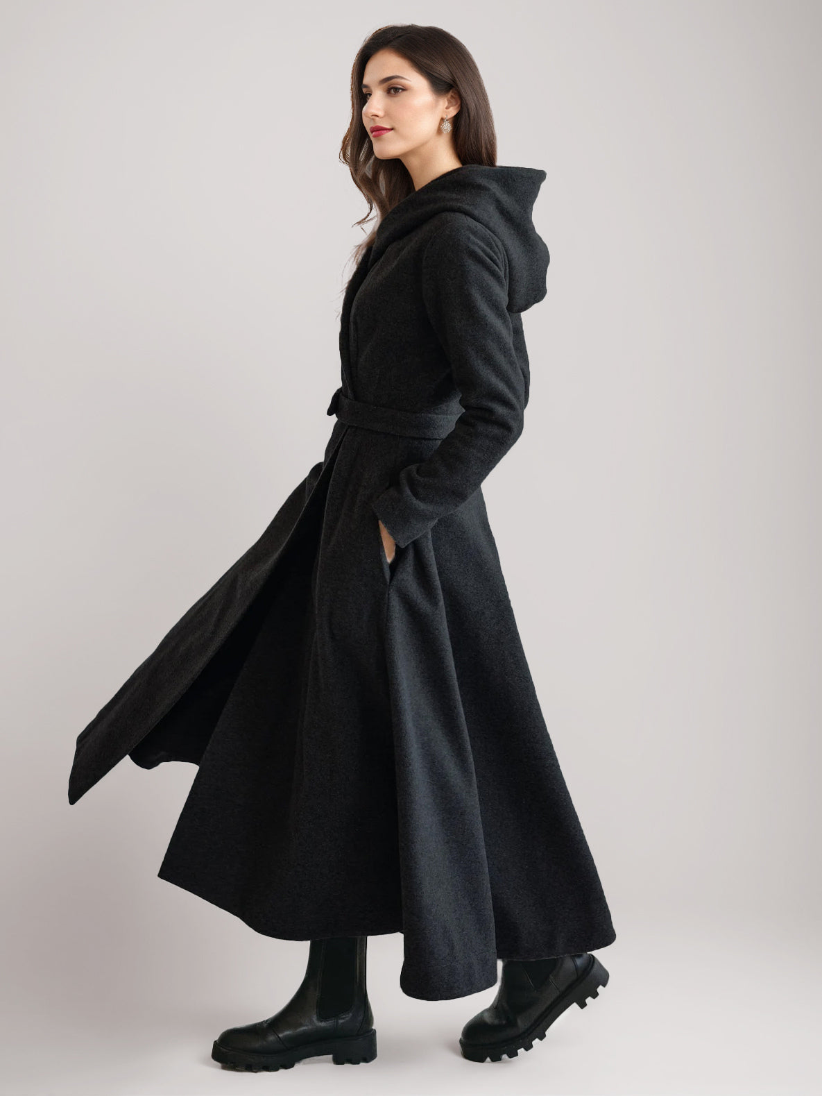Woolen Flared Coat With Hood Vintage Belted A-line Winter Long Outerwear For Women 2026