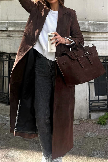 Retro Brown Belted Waist-Tie Long Overcoat
