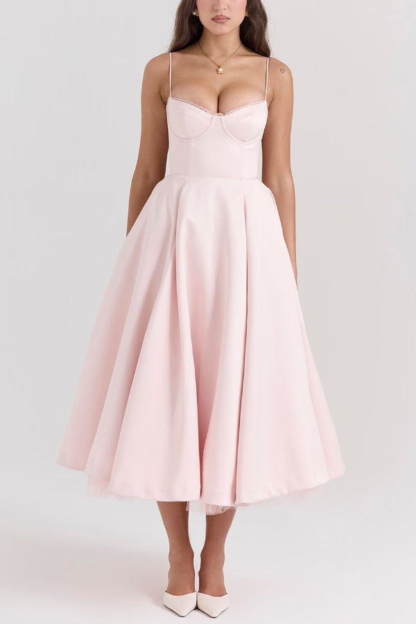 Lace Trim Sweetheart Corset Bodice Tulle Petticoat Fit and Flare Midi Dress