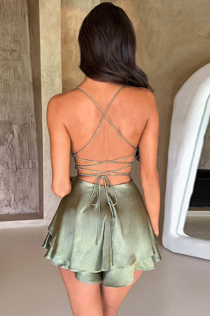 Satin Cowl Neck Spaghetti Strap Tiered Ruffle Flounce Mini Dress