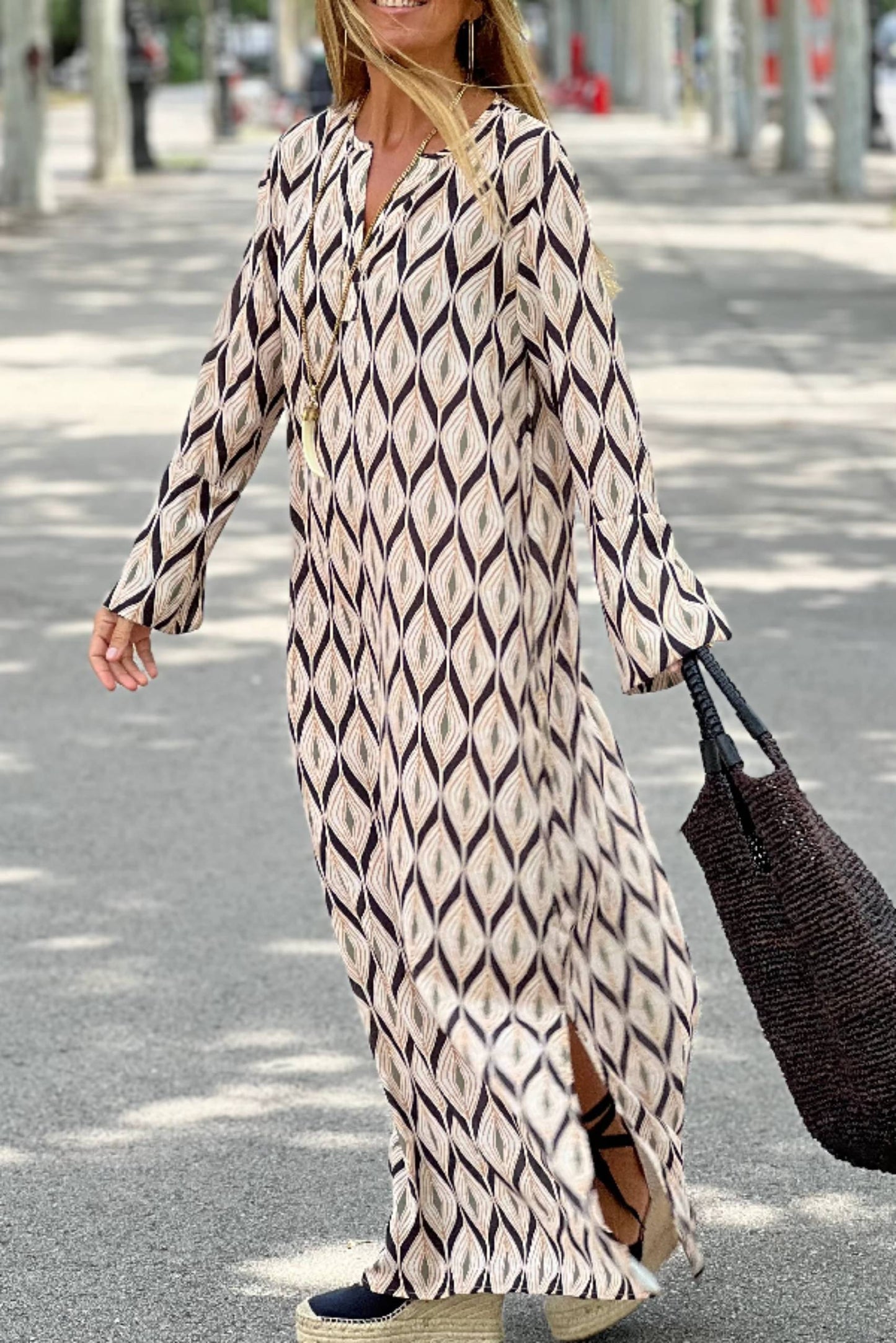 Unique Printed Long Sleeve V-neck Loose Maxi Dress