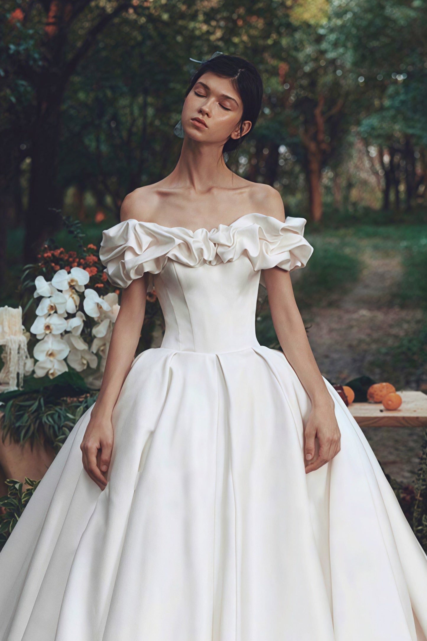 Simple Satin Off Shoulder Train Wedding Dress