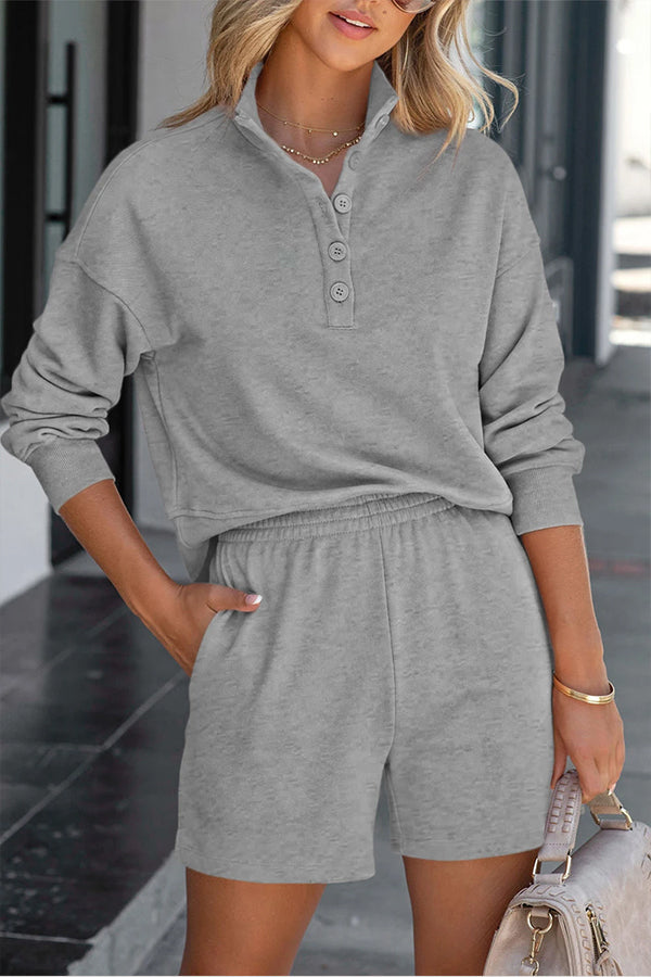 Solid Color Henley Shirt and High Waisted Shorts Two Piece Set