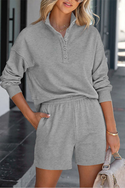 Solid Color Henley Shirt and High Waisted Shorts Two Piece Set