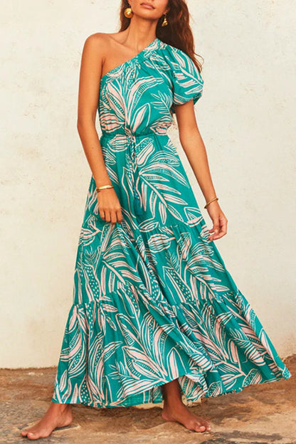 One Shoulder Drawstring Waist Printed Flowy Maxi Dress