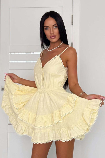 V Neck Button Front Pom Trim Tiered Ruffle Mini Dress