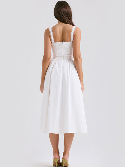 White Corset Dress Cutout Wide Strap Lace Trim Backless Cottagecore Midi Dresses
