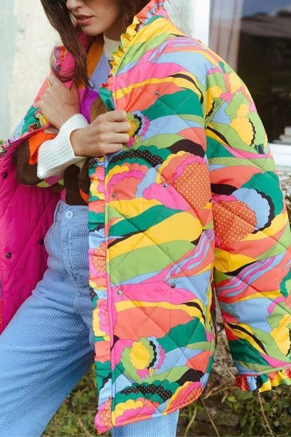 Printed Pleated Lace Trim Cotton Coat