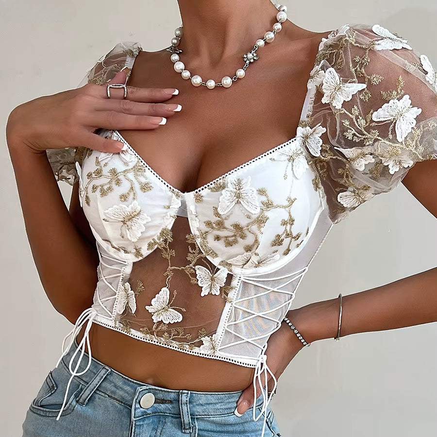 Butterfly Embroidered Mesh Puff Sleeve Lace-up Corset Top