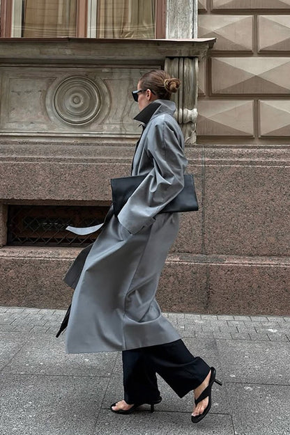 Lazy-Chic European Solid Color Stand Collar Belted Long Overcoat