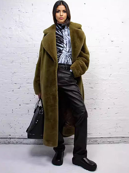 Longline Fux Fur Coat Notched Lapel Belted Eco-friendly Winter Jacket 2026