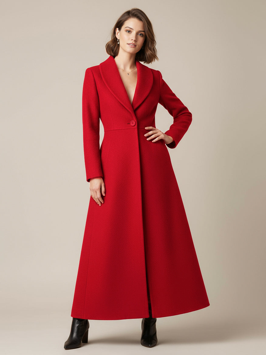 Shawl Collar Full-Length Woolen Coat With A-Line And V-Neck For Women 2026