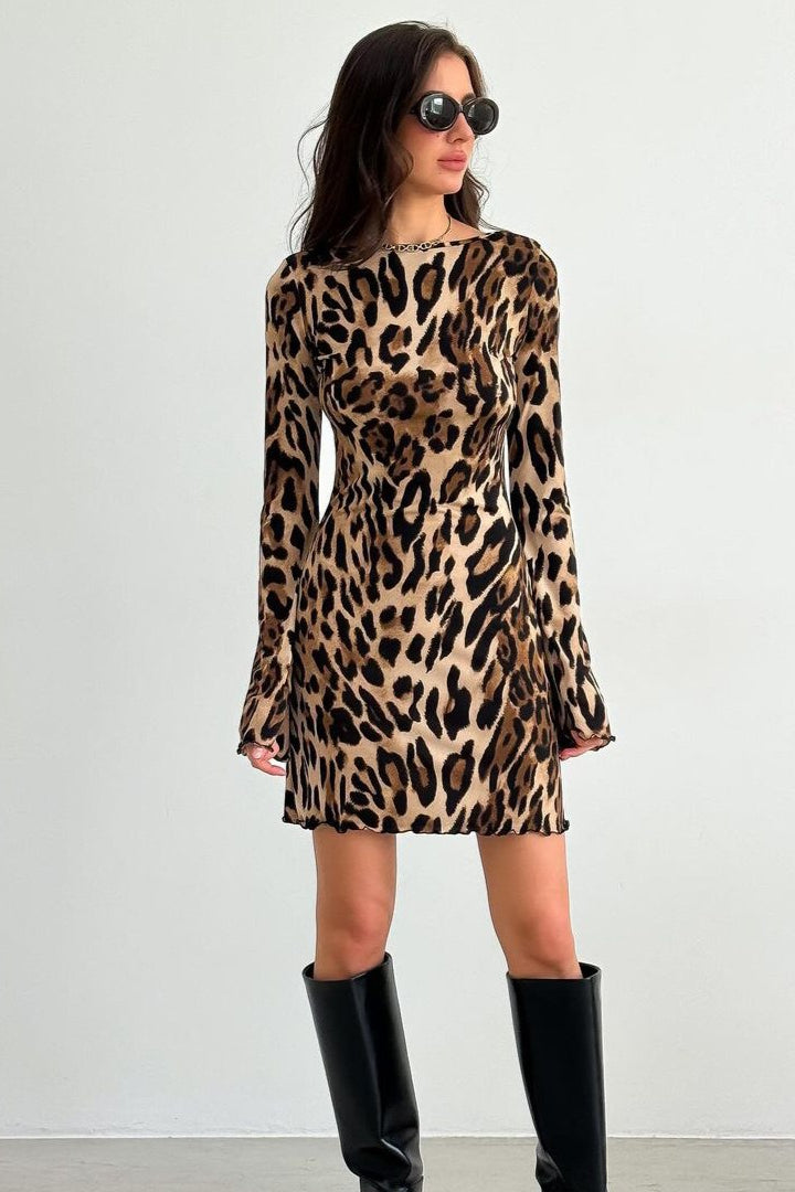 Print Crew Neck Lettuce Hem Long Sleeve Bodycon Mini Dress
