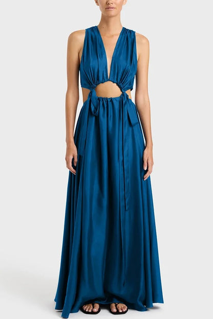 Midnight Charm Satin Ruched Cutout Tie-up Maxi Dress