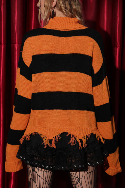 Halloween Bat Embroidered Turtleneck Loose Striped Knitted Sweater