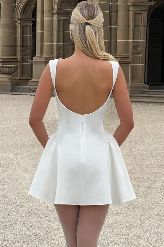 Boat Neck Sleeveless Princess Seam Gathered Hip Fit-and-Flare Mini Dress