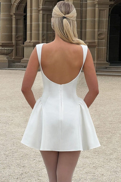 Boat Neck Sleeveless Princess Seam Gathered Hip Fit-and-Flare Mini Dress