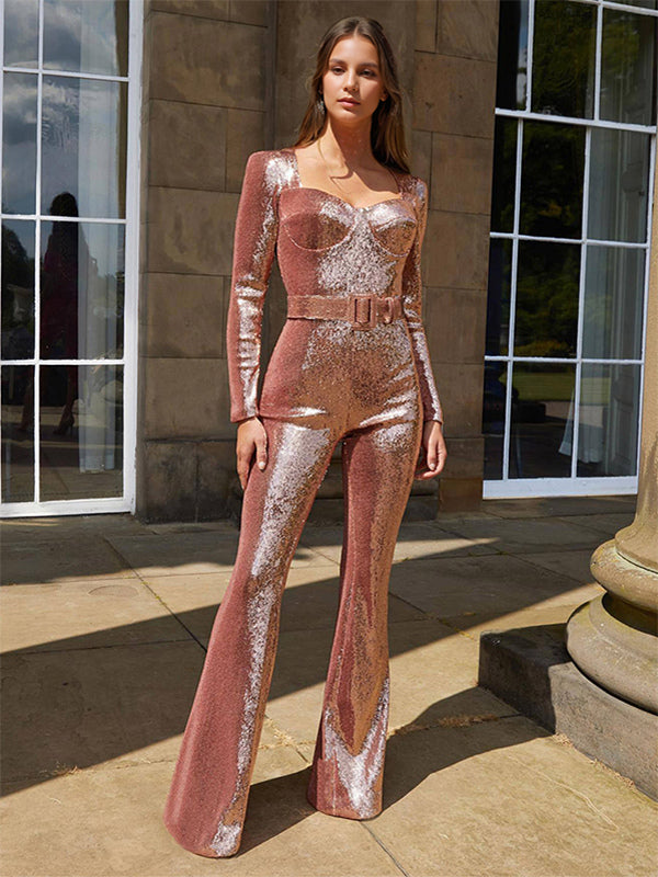 Sequins Jumpsuit Sweetheart Neck Long Sleeves Belted Sexy Playsuit