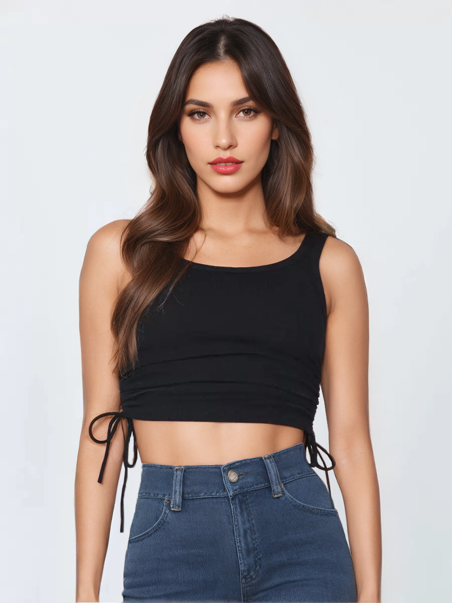 Simple Cami Tops Round Neck Drawstring Convertible Casual Camis