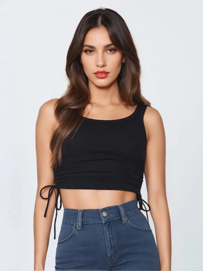 Simple Cami Tops Round Neck Drawstring Convertible Casual Camis