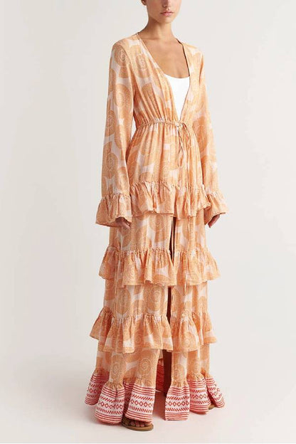 Soleil Conch Print Drawstring Waist Tiered Ruffles Cover-up Maxi Dress