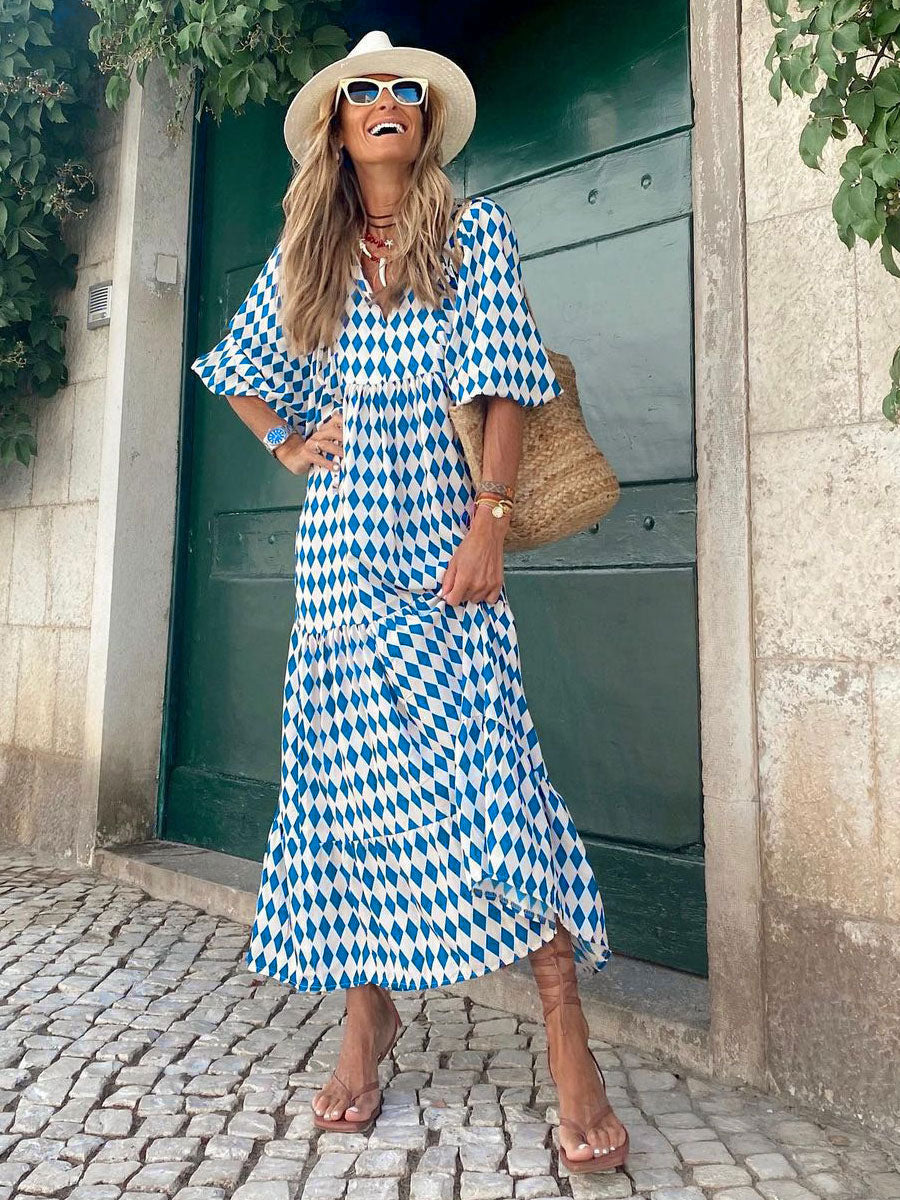 Boho Maxi Smock Dress for Women - Tiered Floral V Neck Lantern Sleeve Long Dress - Summer Beach Holiday 2026