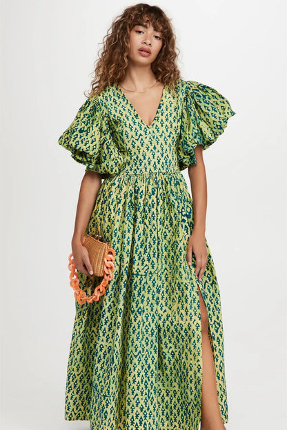 Printed Puff Sleeve V-Neck Slit Maxi Dress