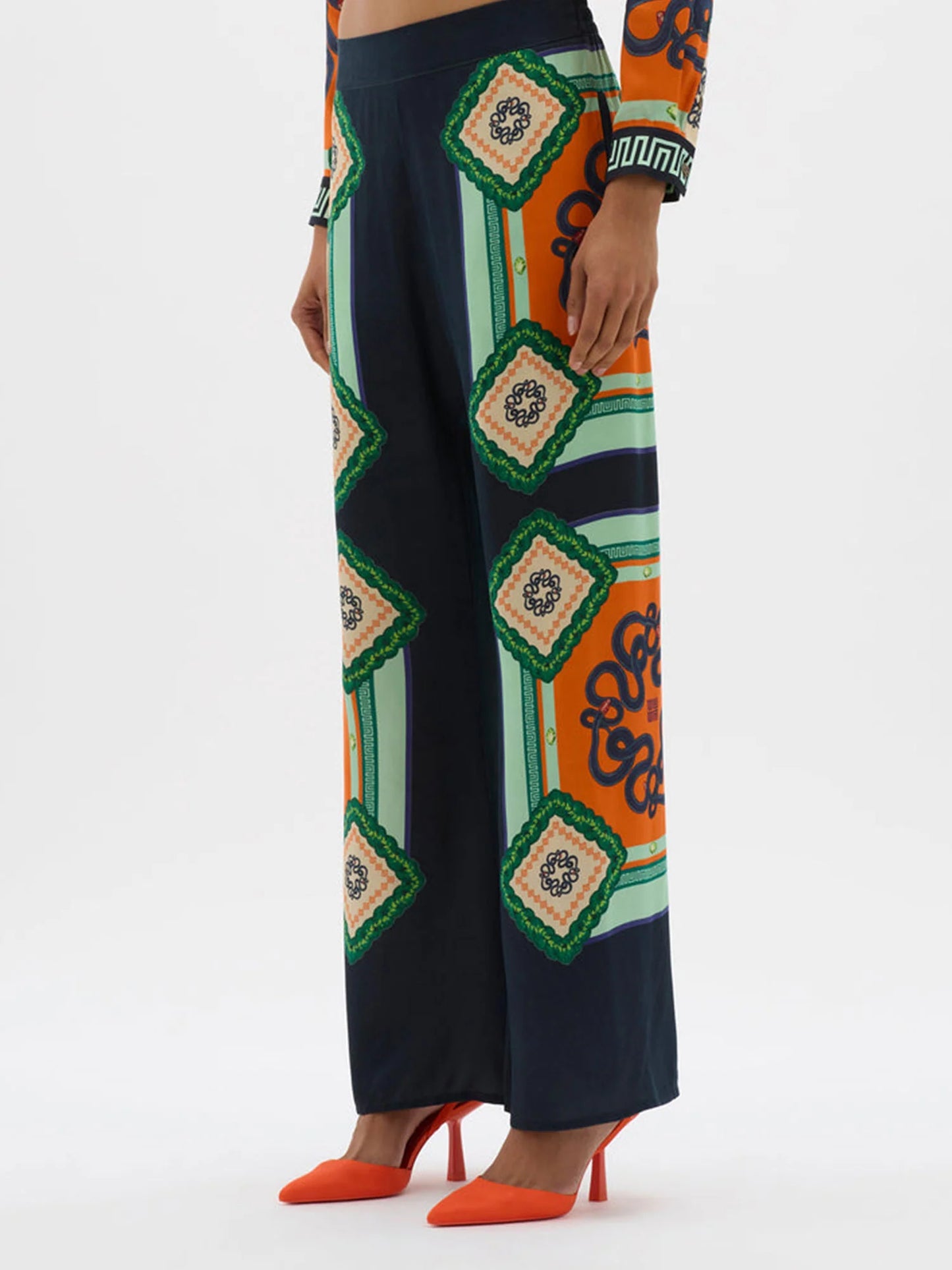Vacation Times Satin Unique Print Elastic Waist Pocketed Wide Leg Pants
