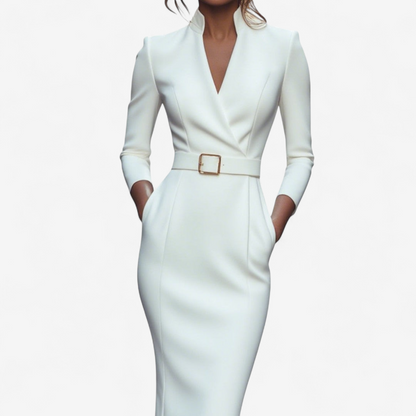 The Miriam — Belted Pencil Dress with Gold Buckle