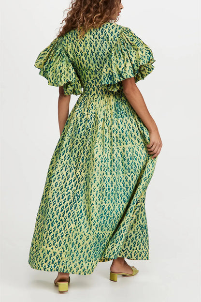 Printed Puff Sleeve V-Neck Slit Maxi Dress