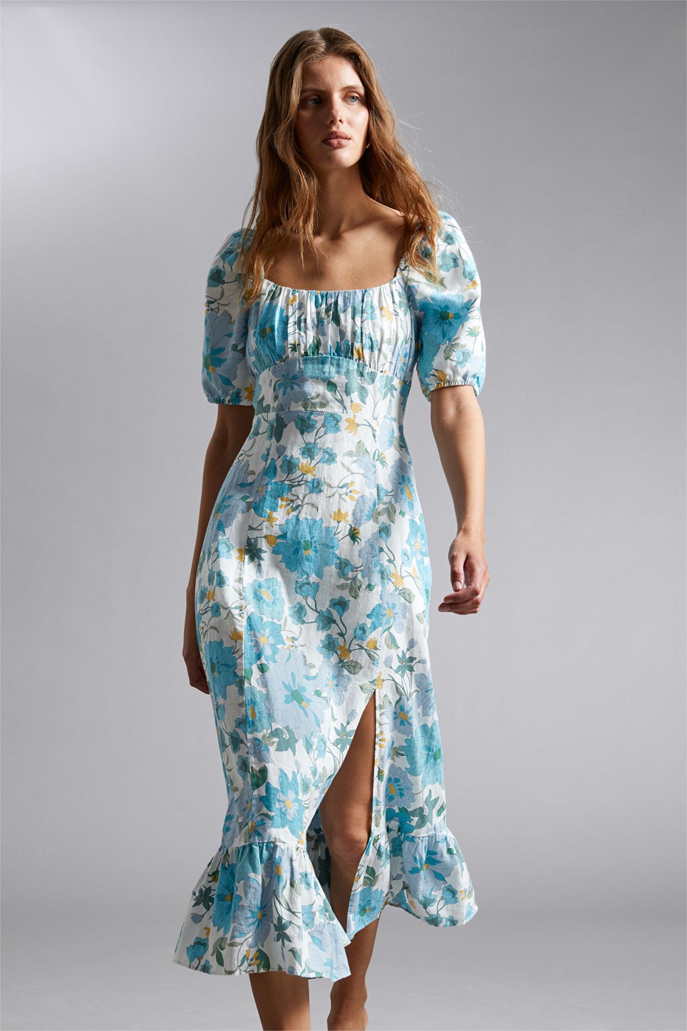 Floral Puff Sleeve Square Collar Slit Midi Dress