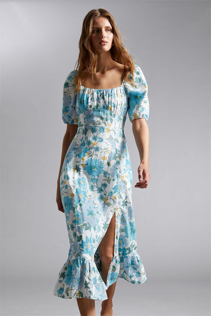 Floral Puff Sleeve Square Collar Slit Midi Dress