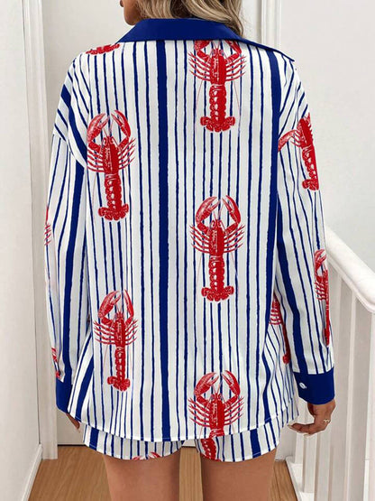 Classic Incredible Lobster Track Print Button Up Lace Up Shorts Set