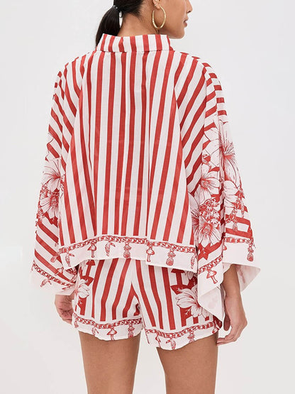 Unique Floral Print Wide Sleeve Shirt and Elastic Waist Pocketed Shorts Set