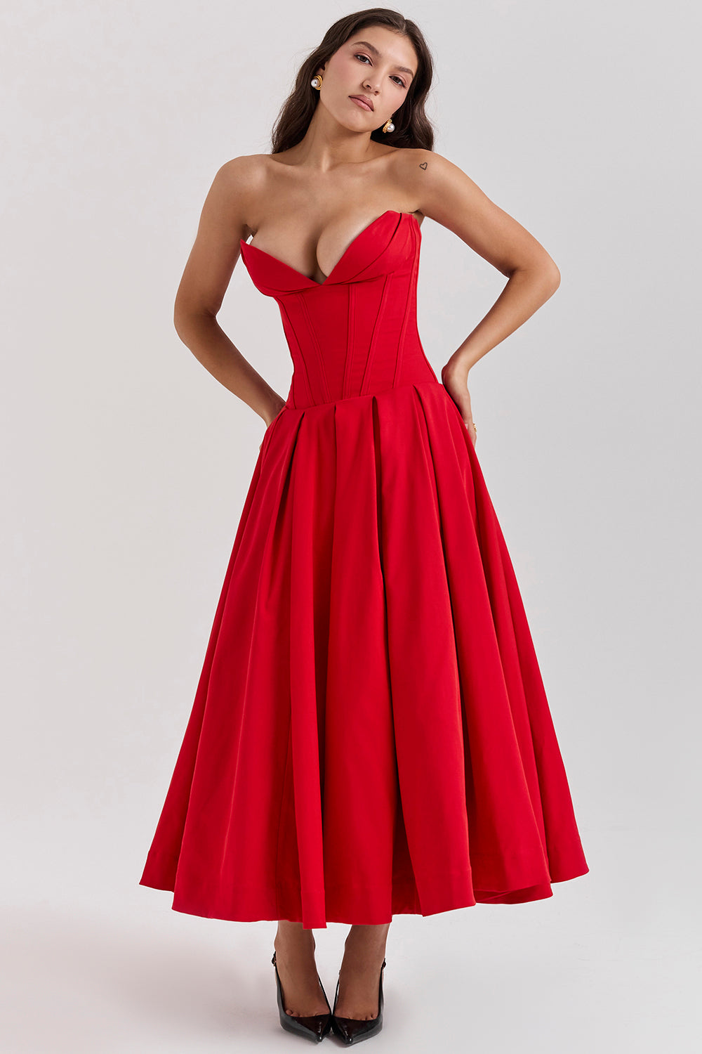 Solid Strapless Sweetheart Neck Midi Dress